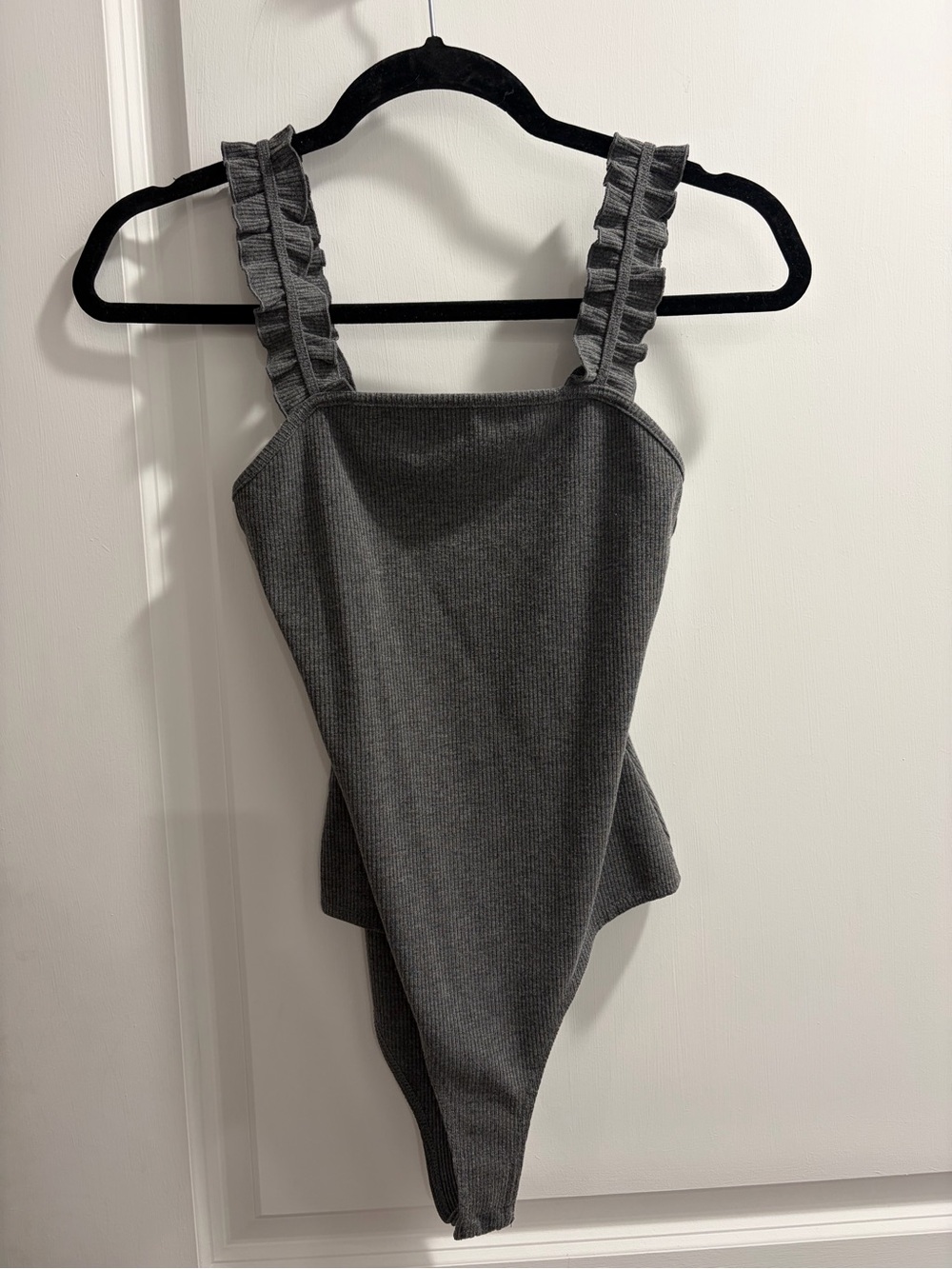 LeLis Ribbed Ruffle Strap Bodysuit - Charcoal Gray